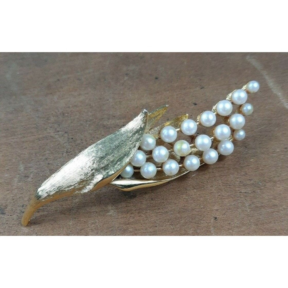 Vintage Kramer Corn Stalk Faux Pearls Gold Tone Leaves Signed Pin Brooch Rare